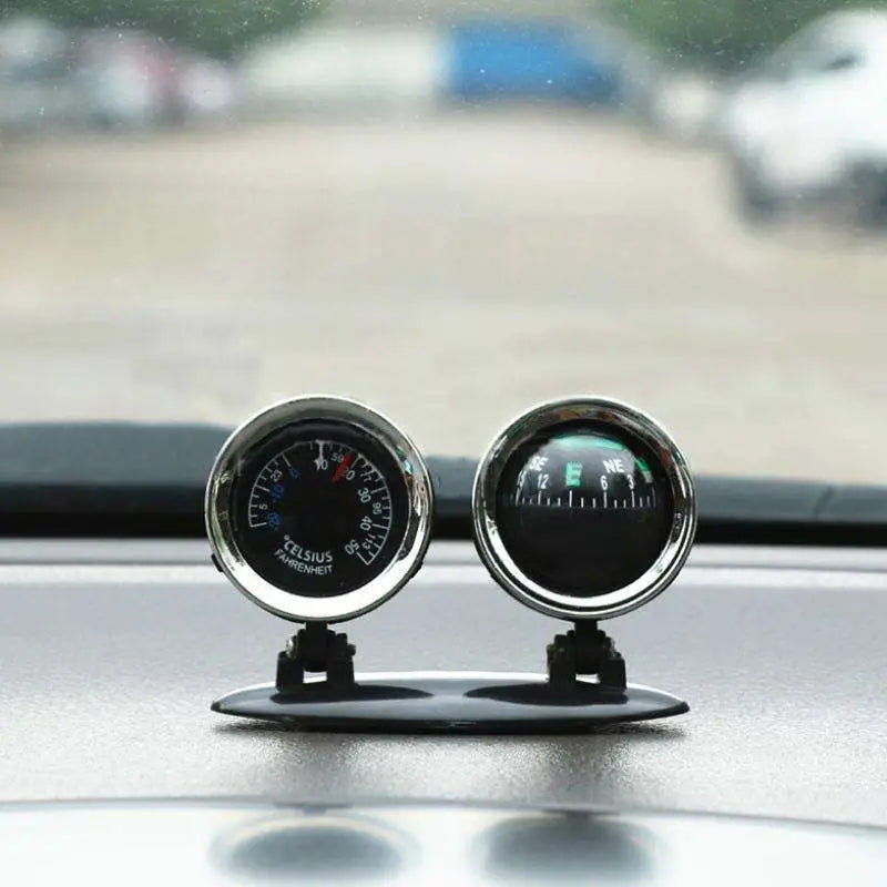 Chrome speedometer and seat car compass dashboard gauge featuring dual chrome-finished gauges mounted on suction cups