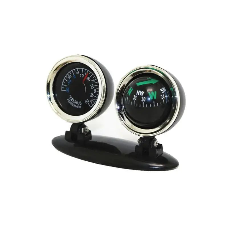 Black dual-function car compass dashboard with chrome speedometer and green directional indicators in circular gauges