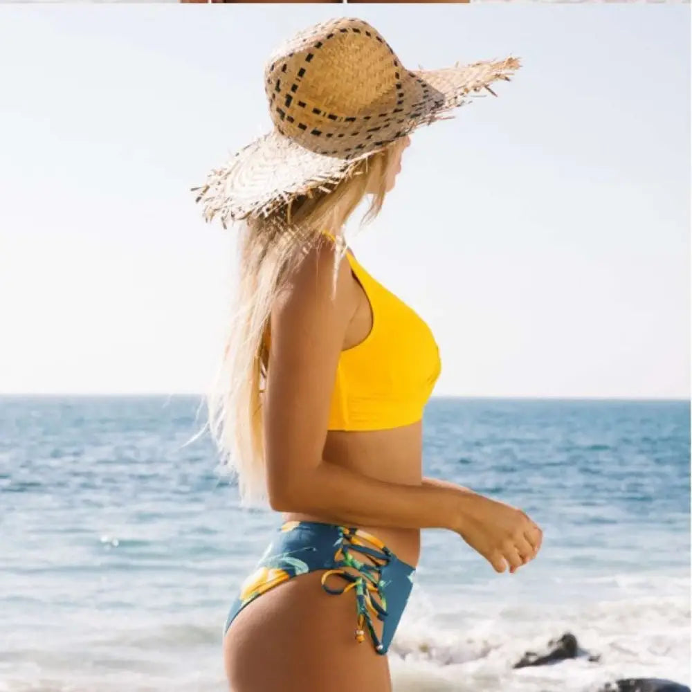 Yellow Bikini Swimsuit For Women Button Full Cup Plus Size Bra Without Wi Royalessencelux