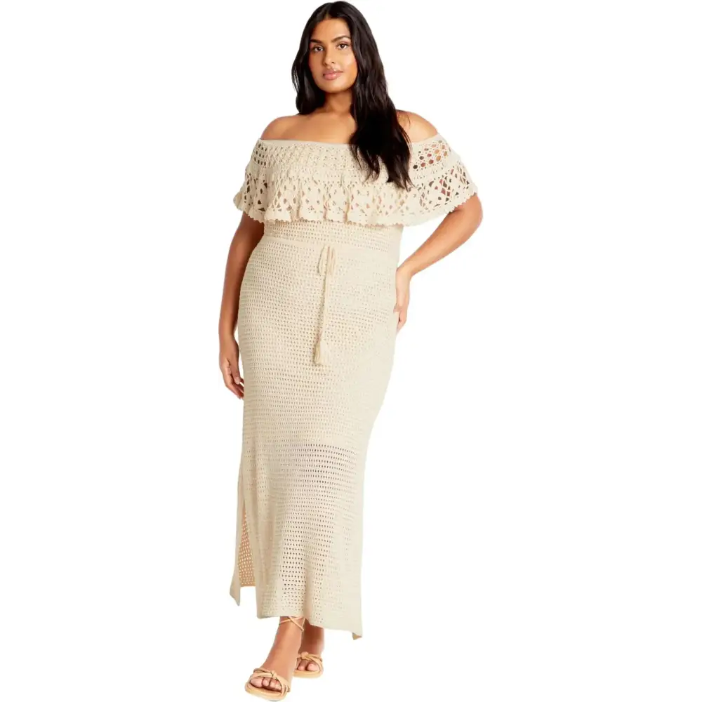 City Chic Womens callie crochet maxi dress in cream with off-the-shoulder ruffled neckline and side slit crochet overlay maxi