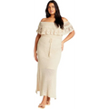 City Chic Womens callie crochet maxi dress in cream with off-the-shoulder ruffled neckline and side slit crochet overlay maxi
