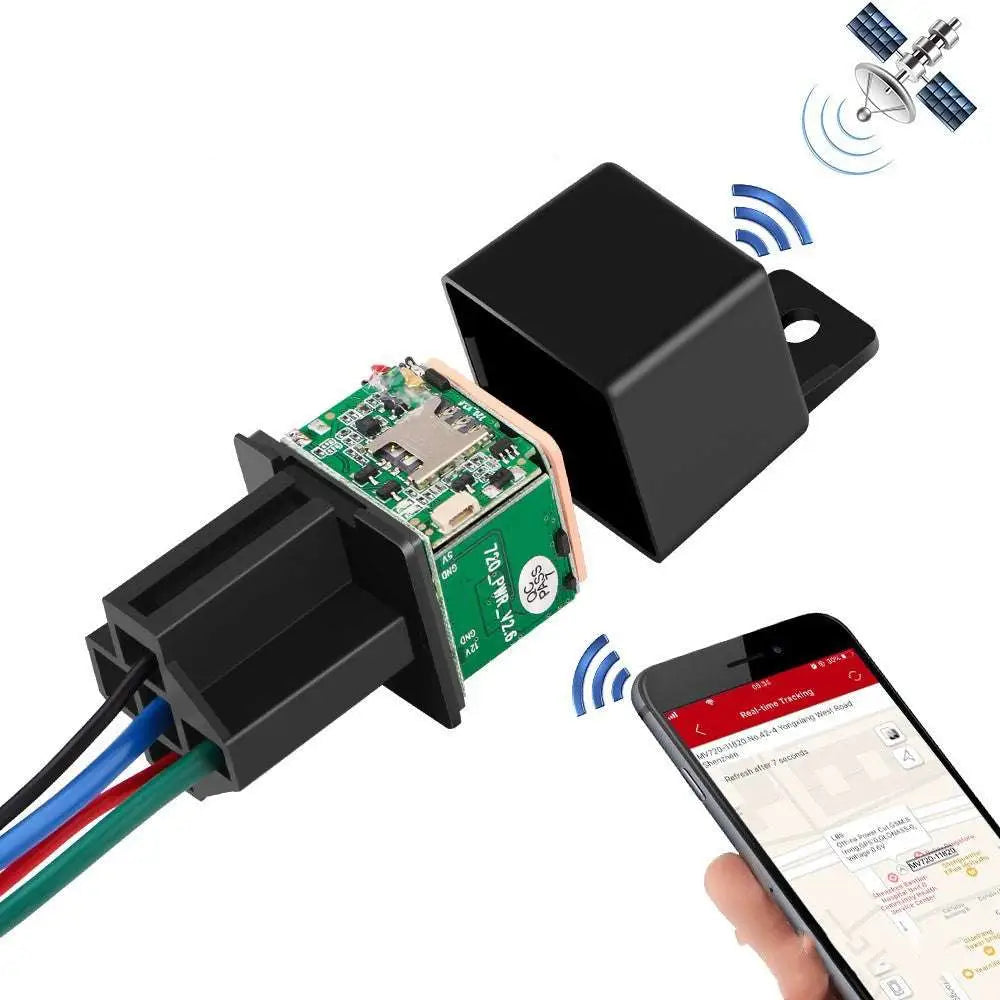 Black rectangular cj720 relay gps car tracker with green circuit board and multi-colored wiring for smartphone app integration