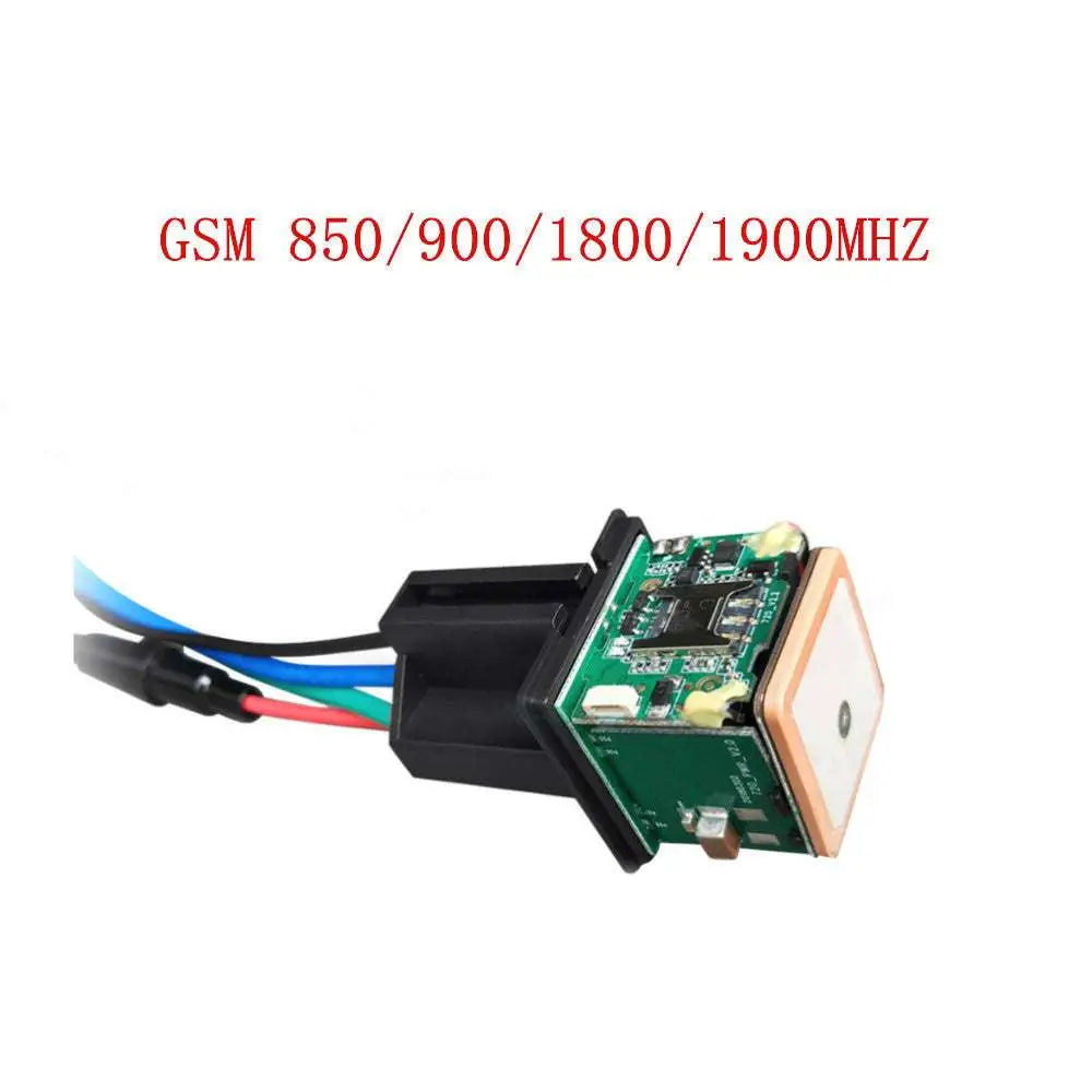 Green circuit board gps car tracker module with black housing and multicolored wires for cj720 relay gps smartphone app integration