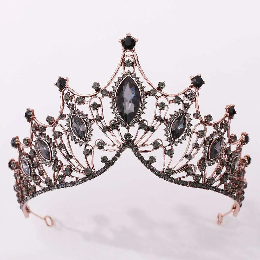 Classic vintage bridal tiara in rose gold adorned with black marquise and round crystals for elegant bridal wear