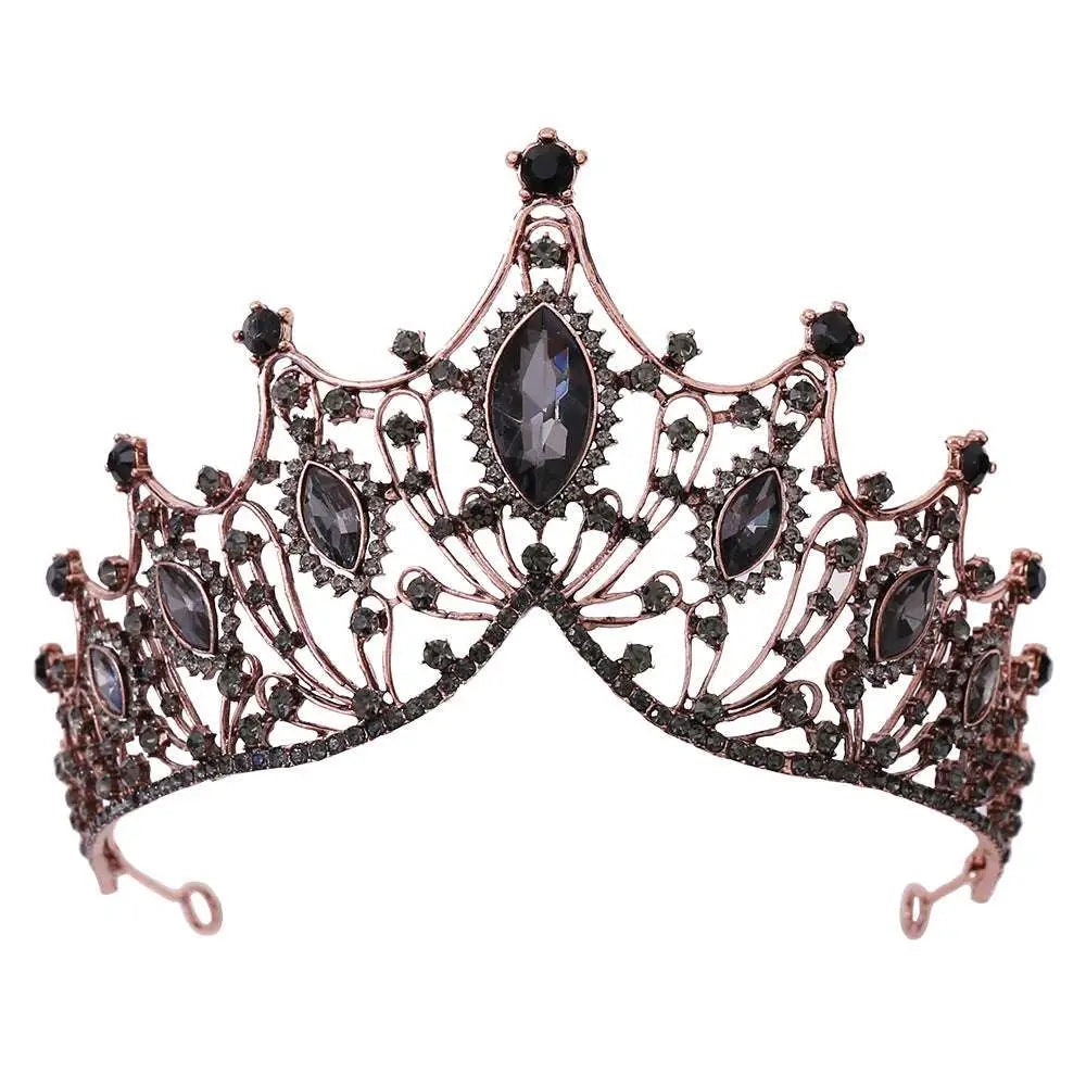 Classic vintage bridal tiara in rose gold adorned with black marquise crystals and sparkling clear crystals