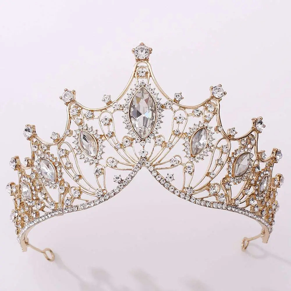 Gold-toned vintage bridal tiara adorned with sparkling clear crystals and marquise-cut stones for classic bridal wear