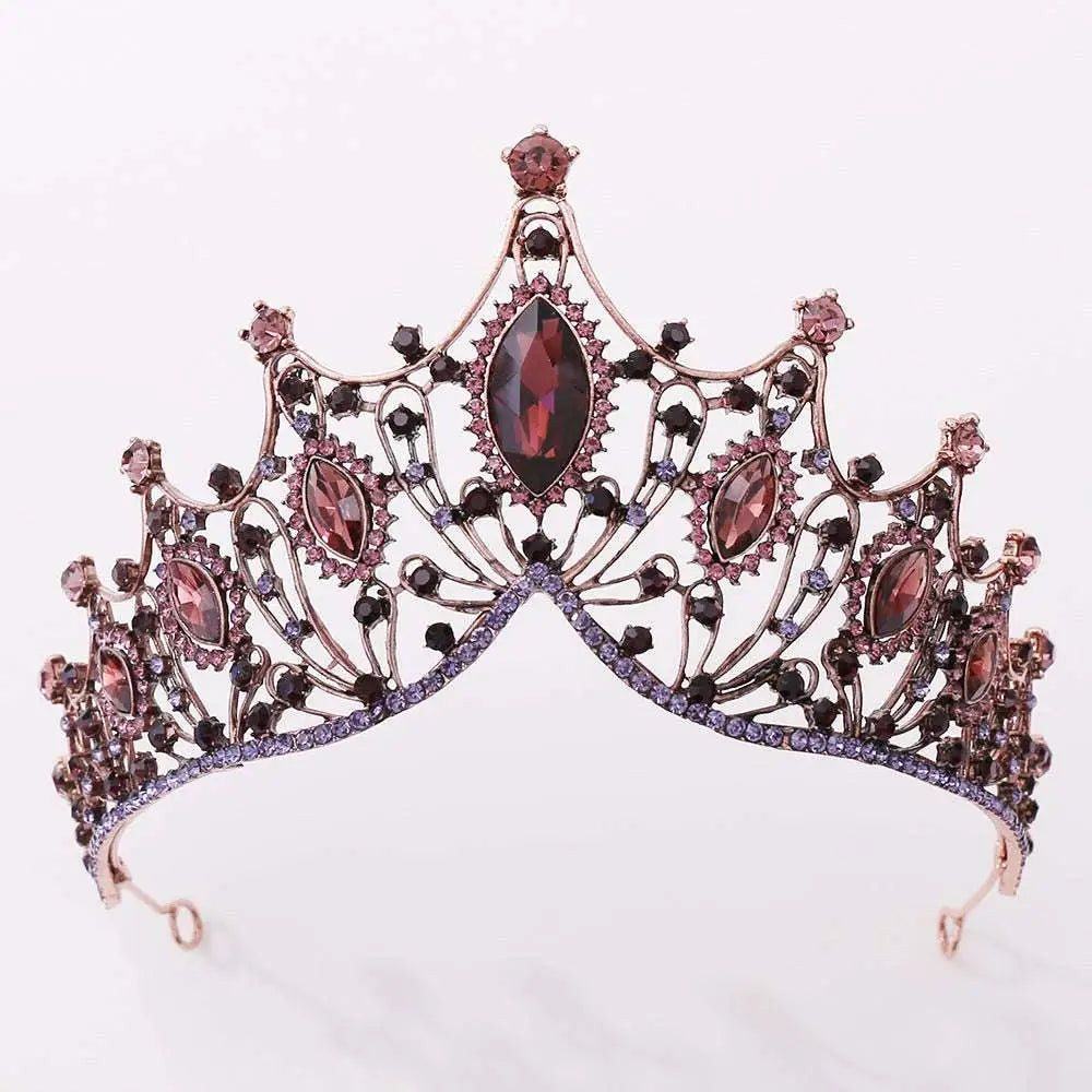 Classic vintage bridal tiara in rose gold adorned with marquise-cut pink and black gemstones and sparkling clear crystals