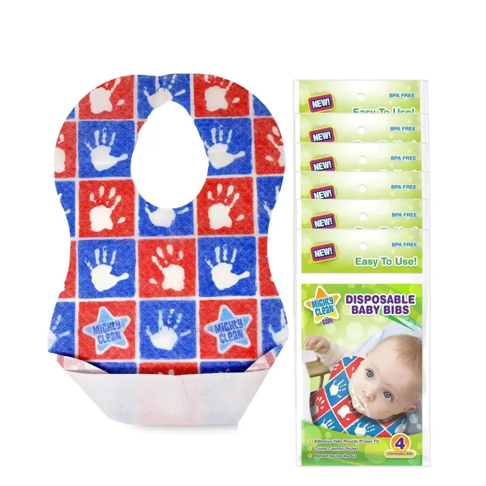 Clean baby disposable baby bibs 24 count red and blue checkered crumb catcher with white handprint patterns