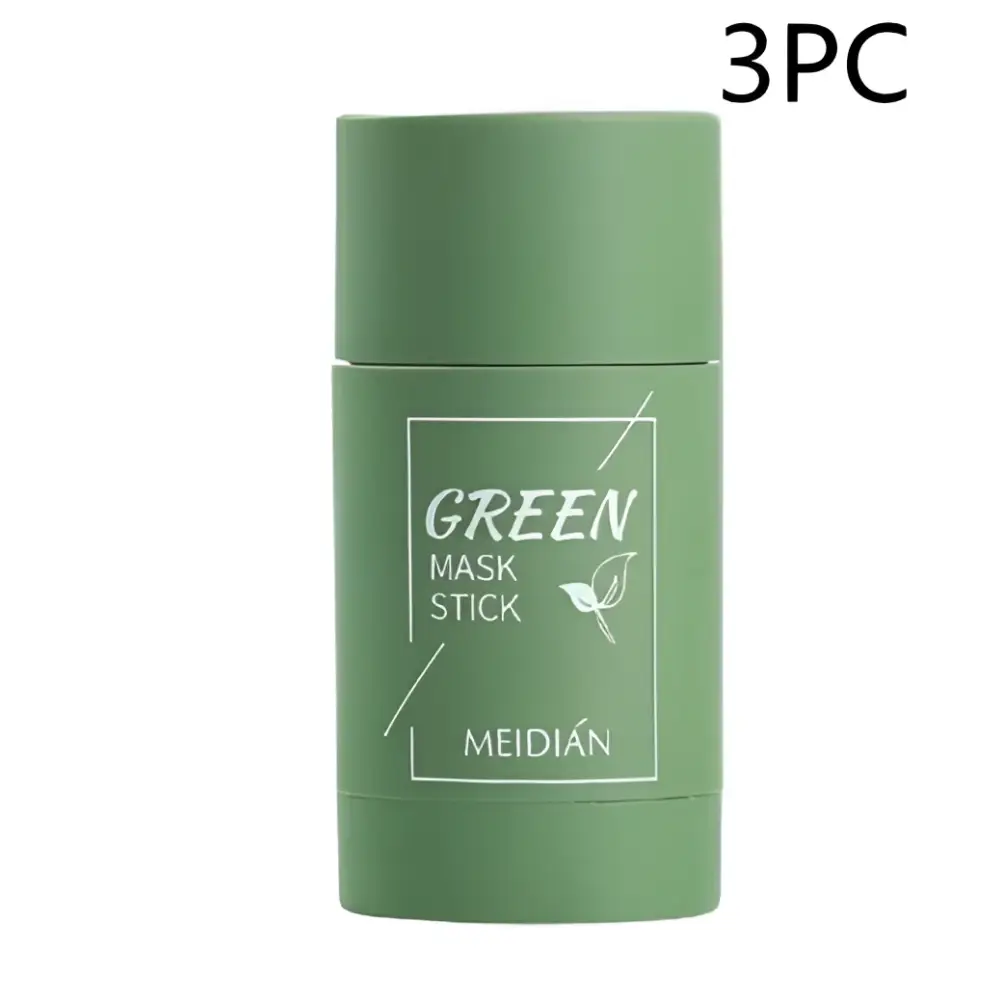 A sleek matte green cylindrical nicor mask stick for cleansing green tea and eggplant oil control by meidián