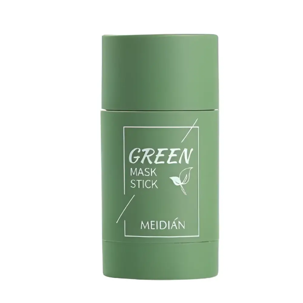 A matte green cylindrical nicor deodorant stick with a minimalist white label for cleansing green tea and eggplant oil control