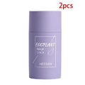 Purple cylindrical shiseido deodorant stick with minimalist label for cleansing green tea and eggplant oil control mask stick