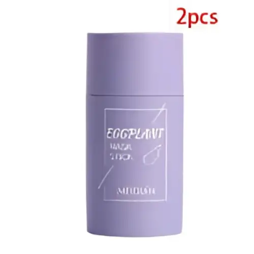 Purple cylindrical shiseido deodorant stick with minimalist label for cleansing green tea and eggplant oil control mask stick