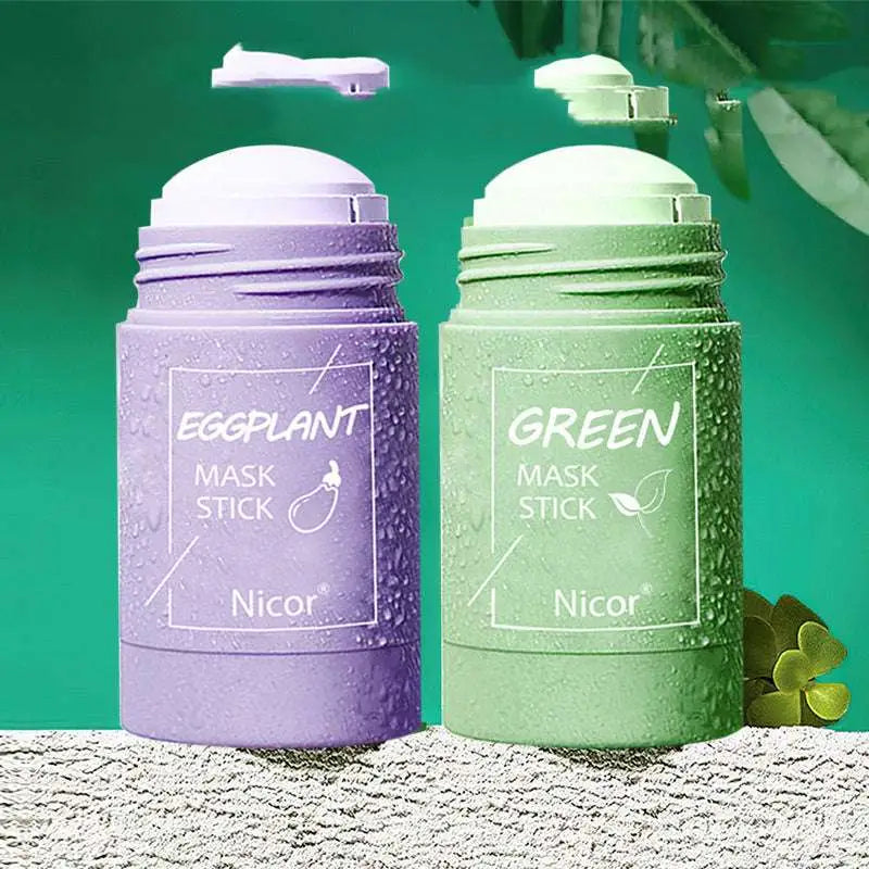 Two cylindrical nicer cleansing green tea and eggplant oil control mask sticks in lavender and green with white caps