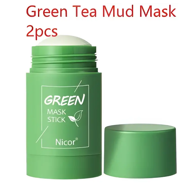 Green tea mud mask stick by nicor with white cap and green cylindrical body for cleansing green tea and eggplant oil control
