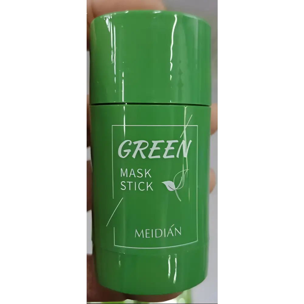 Green cylindrical cleansing green tea and eggplant oil control mask stick by meidián with leaf design and white text