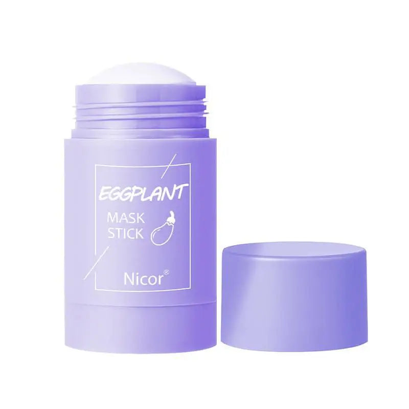 Lavender cylindrical nicor eggplant mask stick with white labeling for cleansing green tea and eggplant oil control