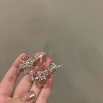 Clear acrylic beaded clip earrings with translucent glass beads and silver metal clasp in a delicate cluster design