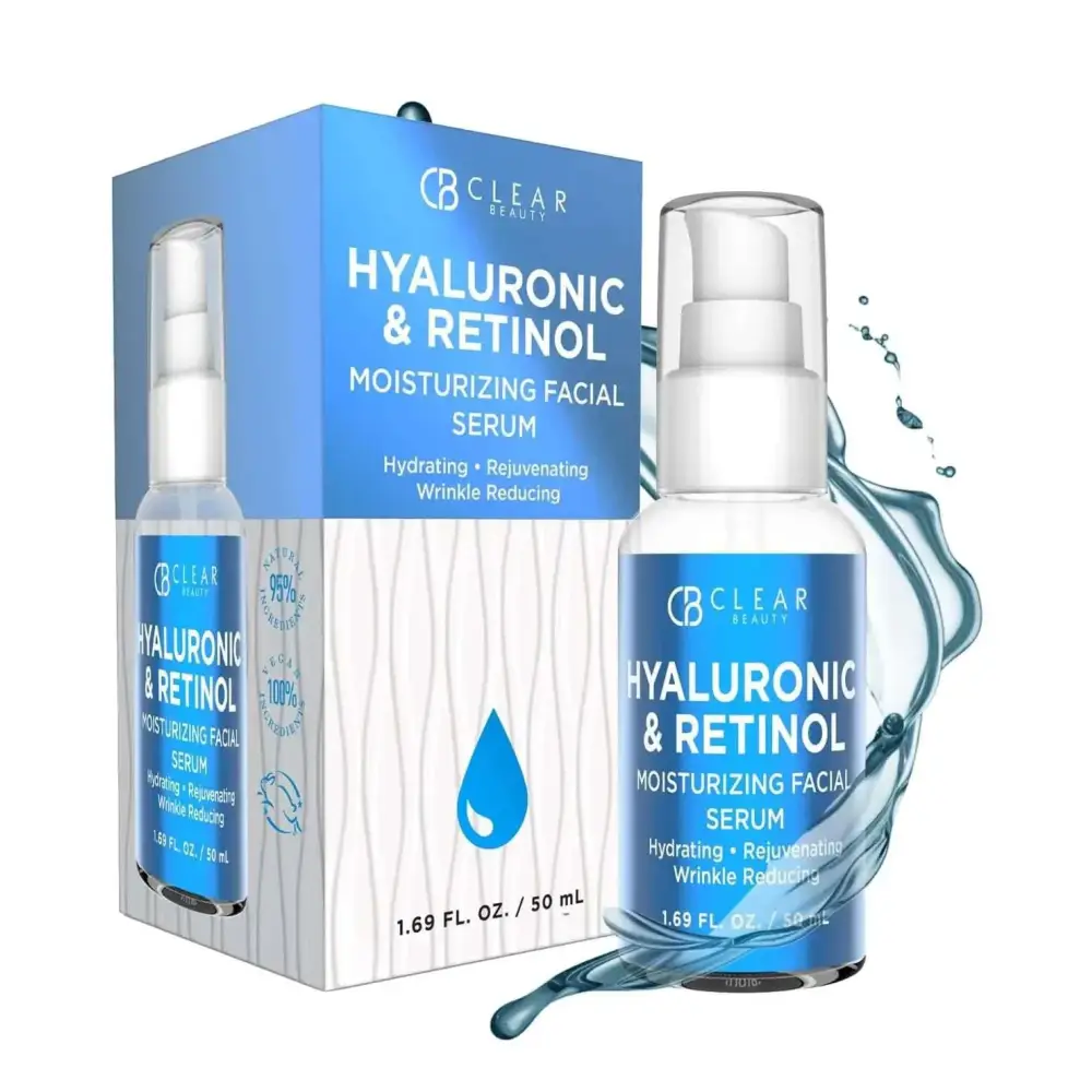 Clear beauty hyaluronic acid and retinol facial serum in a transparent bottle with white pump and blue label beside its box from south korea