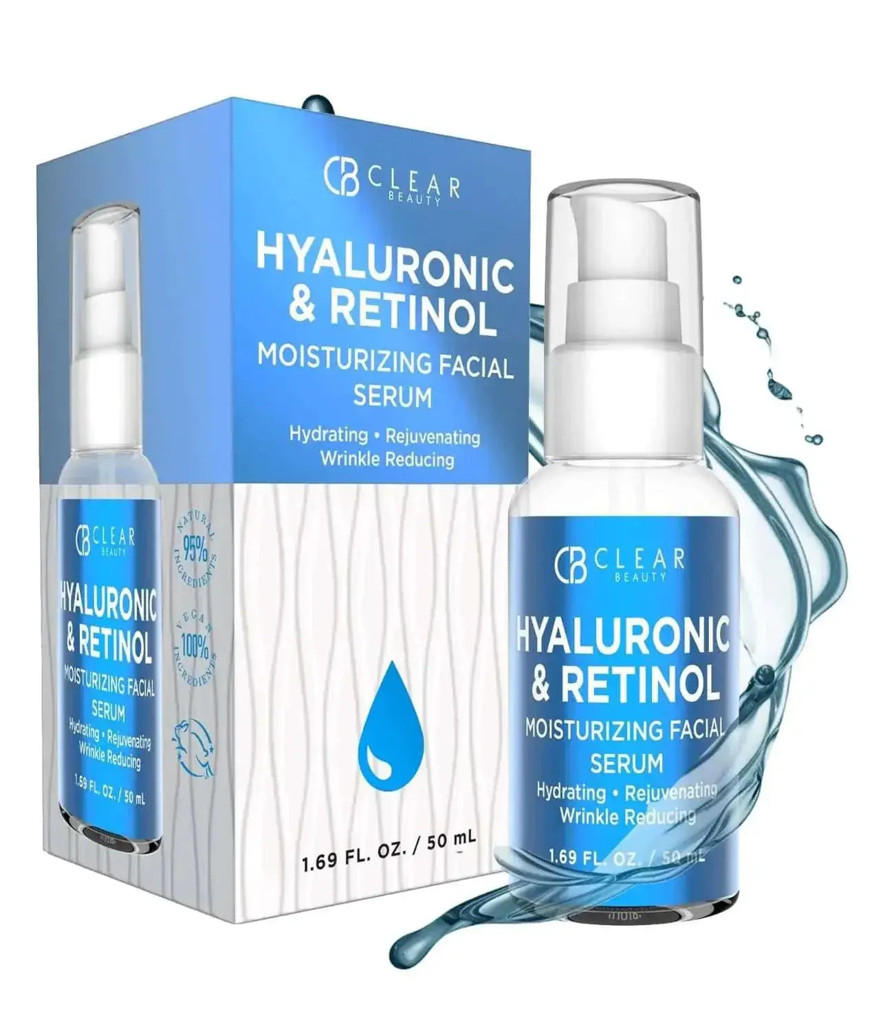 clear beauty hyaluronic and retinol moisturizing facial serum in a transparent bottle with white pump and blue label beside its matching blue and white box for an affordable skincare routine with hyaluronic acid.