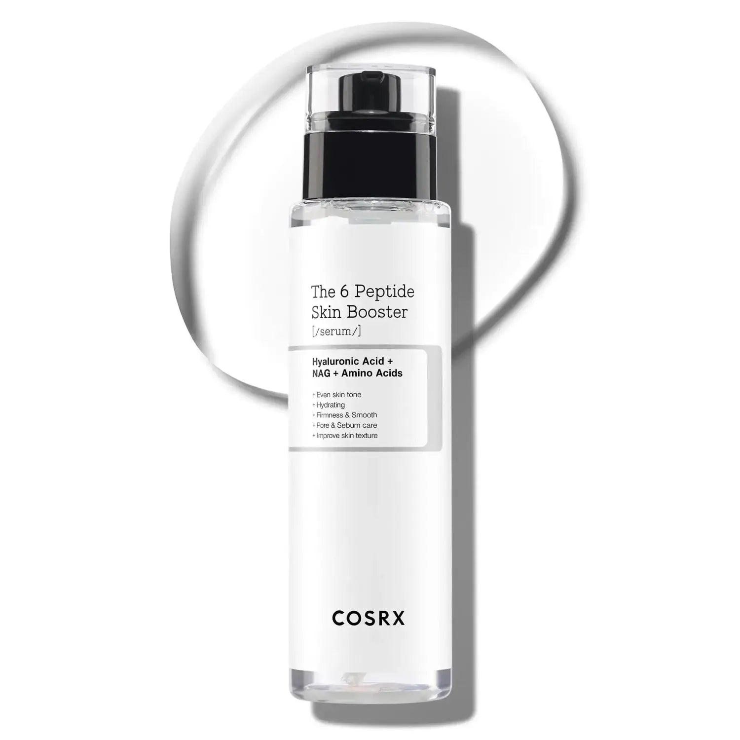 Clear glass bottle with black pump dispenser and minimalist white label containing the 6 peptide skin booster by Cosrx designed for an affordable skincare routine with hyaluronic acid for glowing skin.