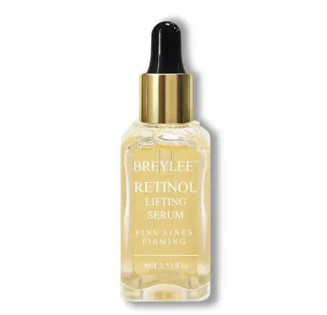 A clear glass bottle with a gold-toned dropper cap containing golden-yellow breylee retinol lifting serum for fine lines and firming featured in a skincare gift set for healthy skin.