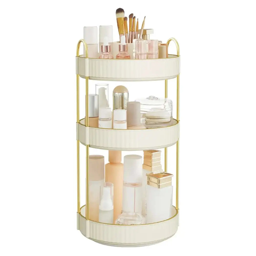 Cream-colored cloud white ujka011w01 3 tier rotating makeup organizer with gold metal frame and ribbed edges