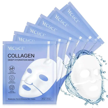 Yecuce collagen face mask real deep mask 6pcs in light blue packaging with white sheet mask design for hydration