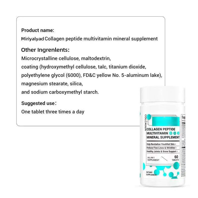 White cylindrical bottle of collagen multivitamin healthcare supplement with teal and white label design