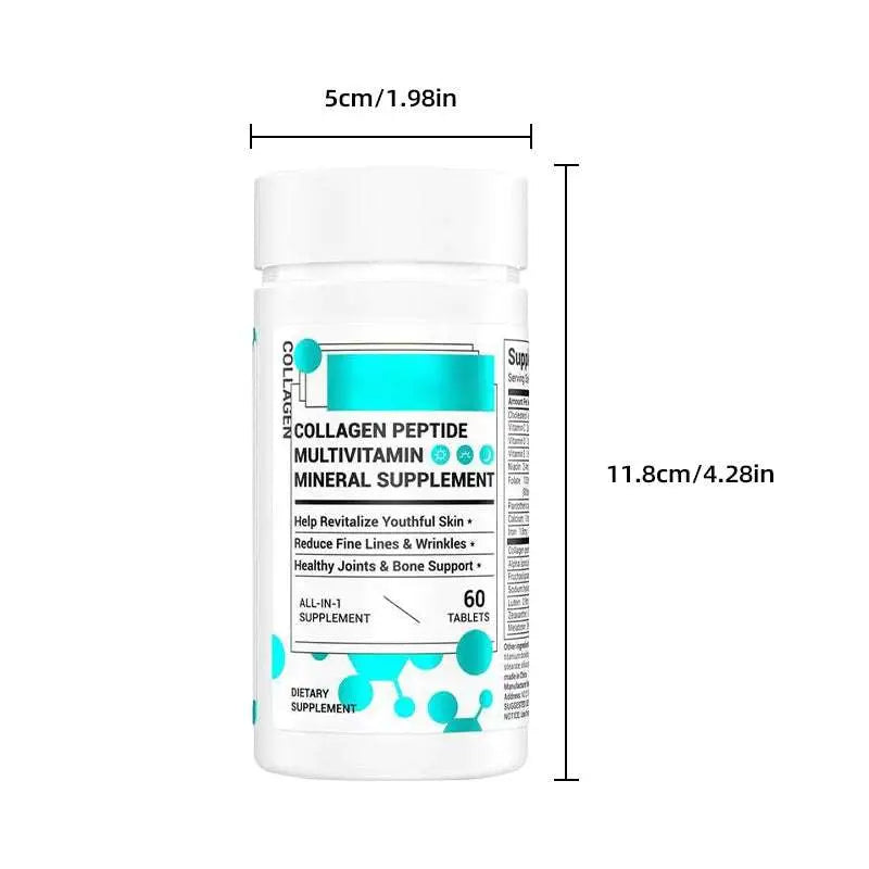 White plastic bottle with teal and black labeling of collagen multivitamin healthcare supplement peptide mineral formula