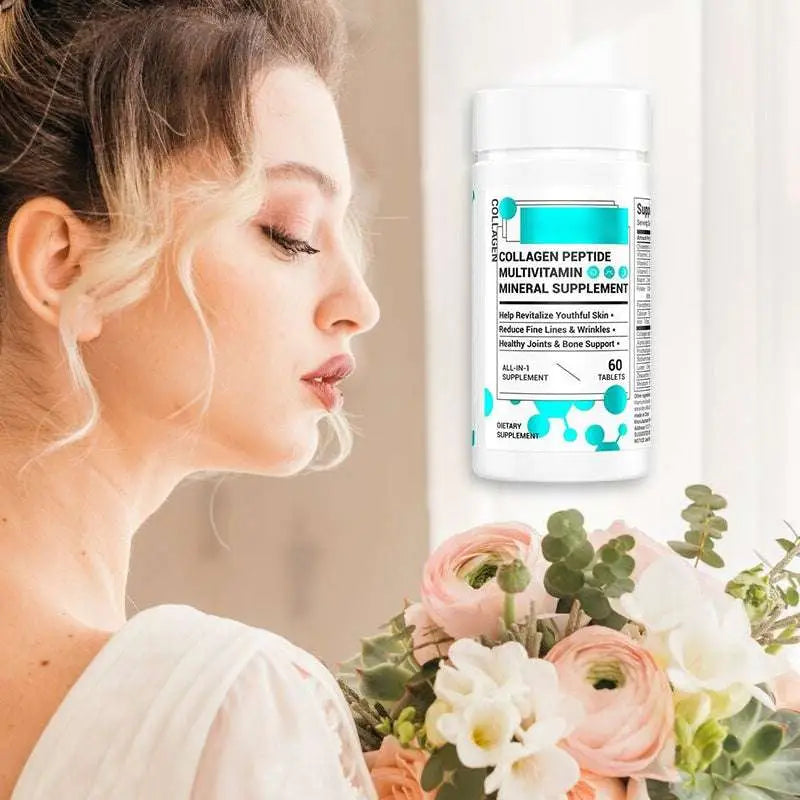 White cylindrical bottle of collagen multivitamin healthcare supplement with teal and white label design