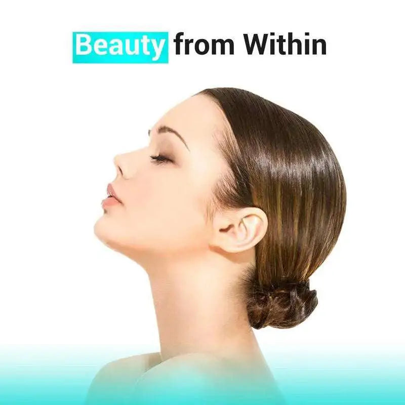 A woman with sleek dark brown hair styled in a low bun promotes collagen multivitamin healthcare supplement