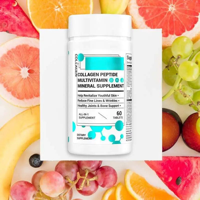 White plastic bottle of collagen multivitamin healthcare supplement with teal and black label containing 60 tablets