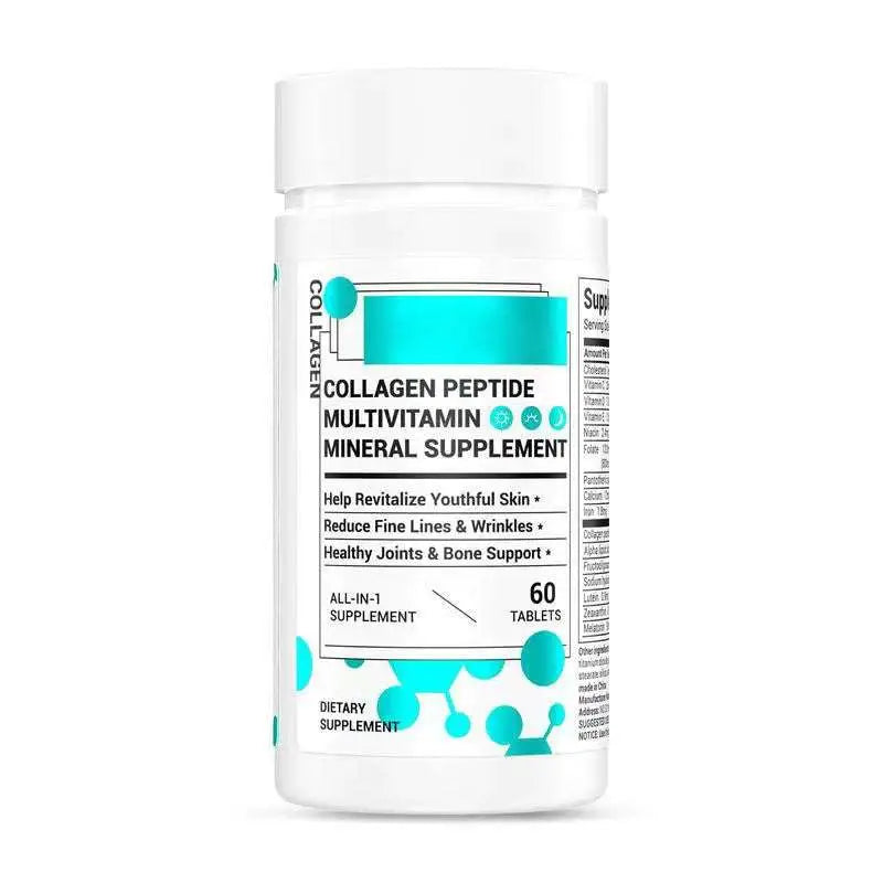 White plastic bottle of collagen multivitamin healthcare supplement with teal and black labeling for daily wellness