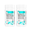 Two white plastic bottles of collagen multivitamin healthcare supplement with teal and black text labels
