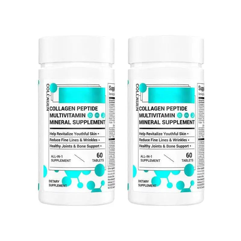 Two white plastic bottles of collagen multivitamin healthcare supplement with teal and black text labels
