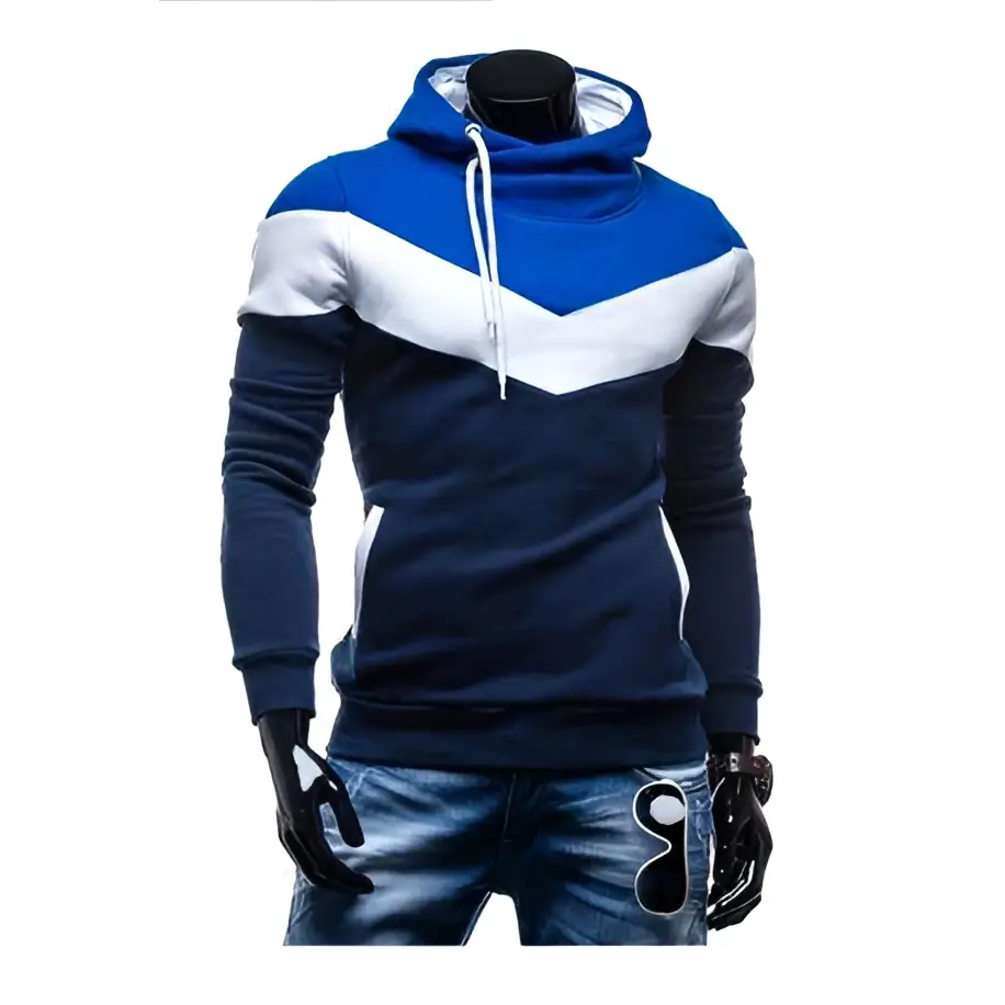 Blue and white color block men’s winter autumn hoodie with drawstring hood long sleeves and ribbed cuffs