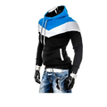 Color block men’s winter autumn hoodie in blue gray and black with drawstring hood and front zipper pocket