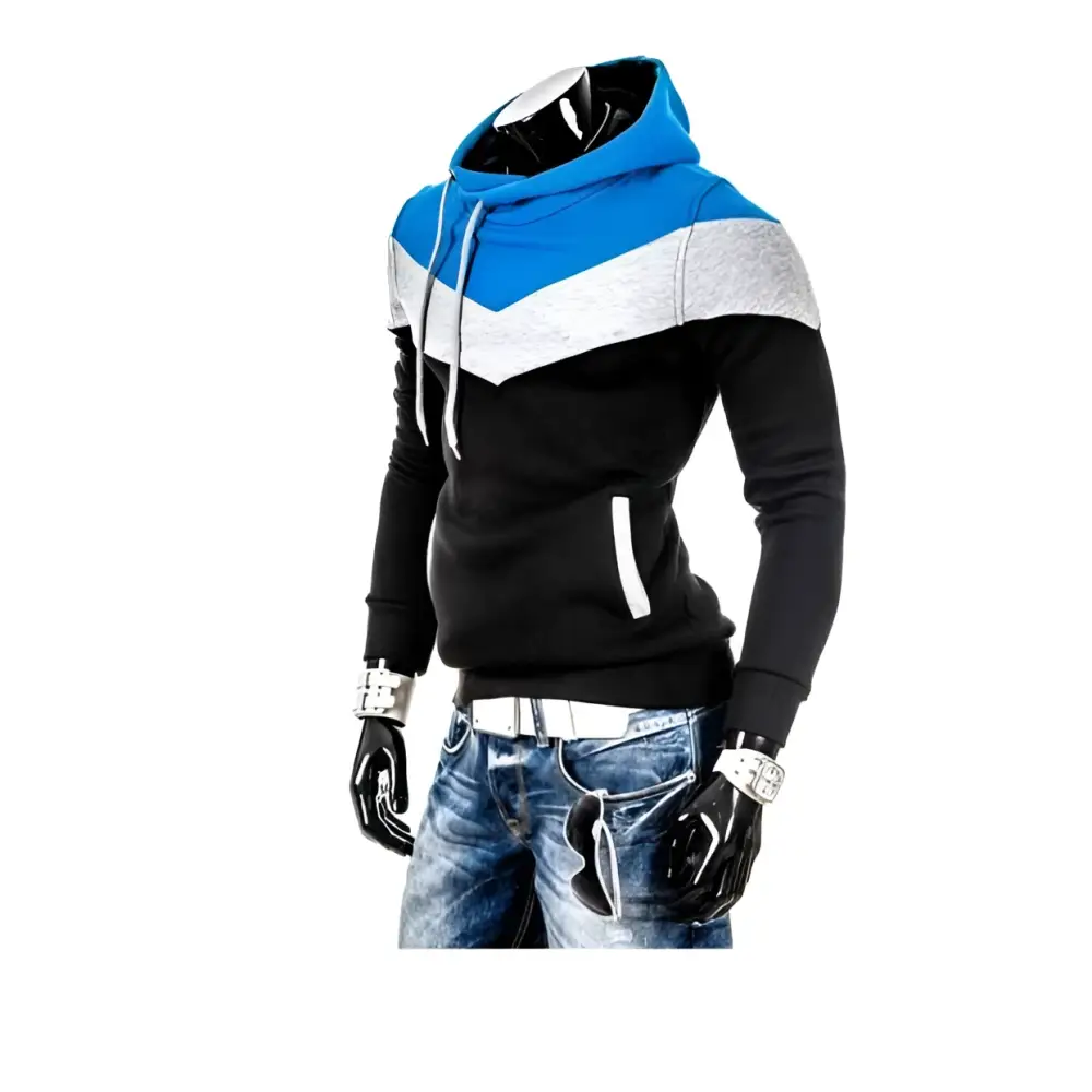 Color block men’s winter autumn hoodie in blue gray and black with drawstring hood and front zipper pocket