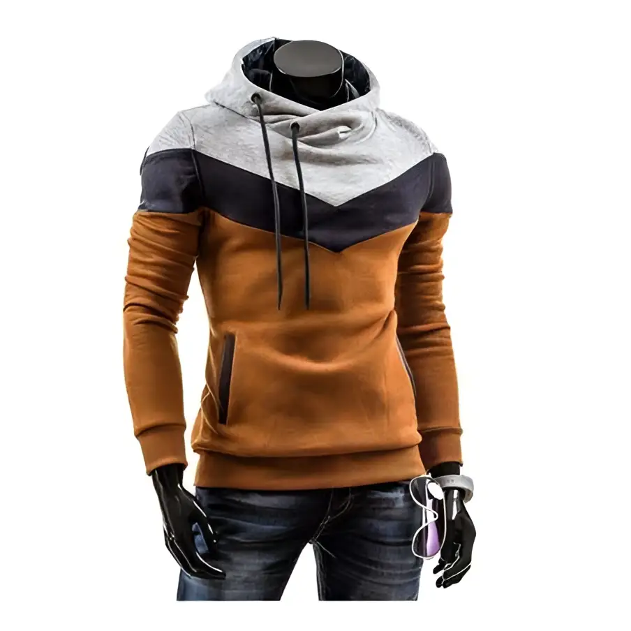 A men’s winter autumn color block hoodie with gray black and orange geometric pattern for autumn designer hoodies