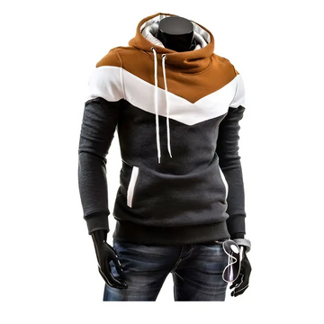A stylish color block men’s hoodie in brown white and dark gray designed for men’s winter autumn use