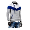 Gray and blue chevron pattern color block men’s winter autumn hoodie with drawstring hood front pocket and ribbed cuffs