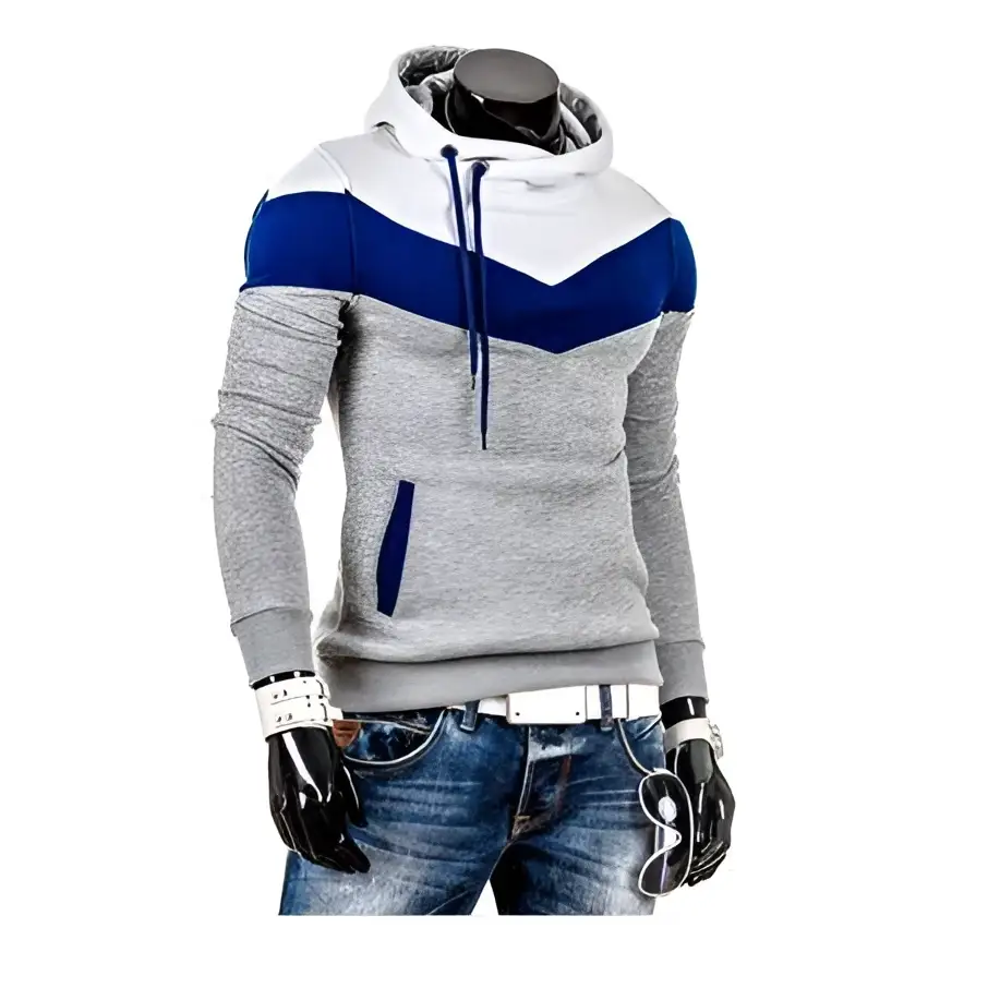 Gray and blue chevron pattern color block men’s winter autumn hoodie with drawstring hood front pocket and ribbed cuffs