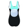 Black color block one piece swimwear women bikini with turquoise and white panels and circular cutout at the back