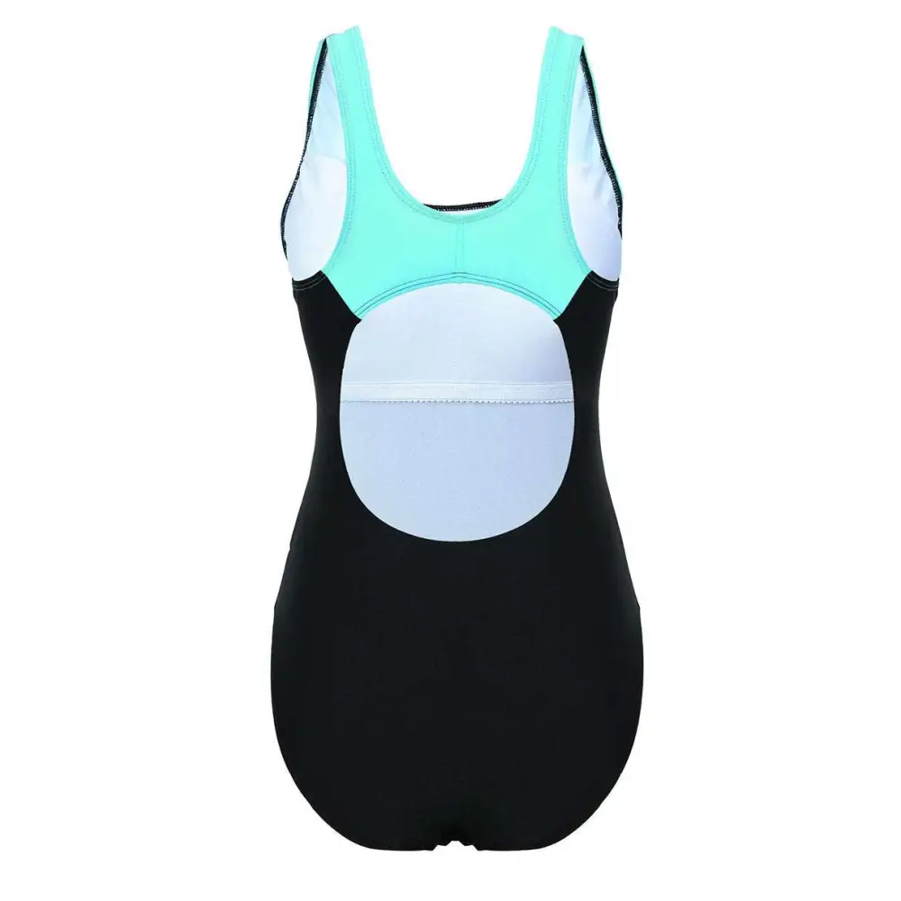 Black color block one piece swimwear women bikini with turquoise and white panels and circular cutout at the back