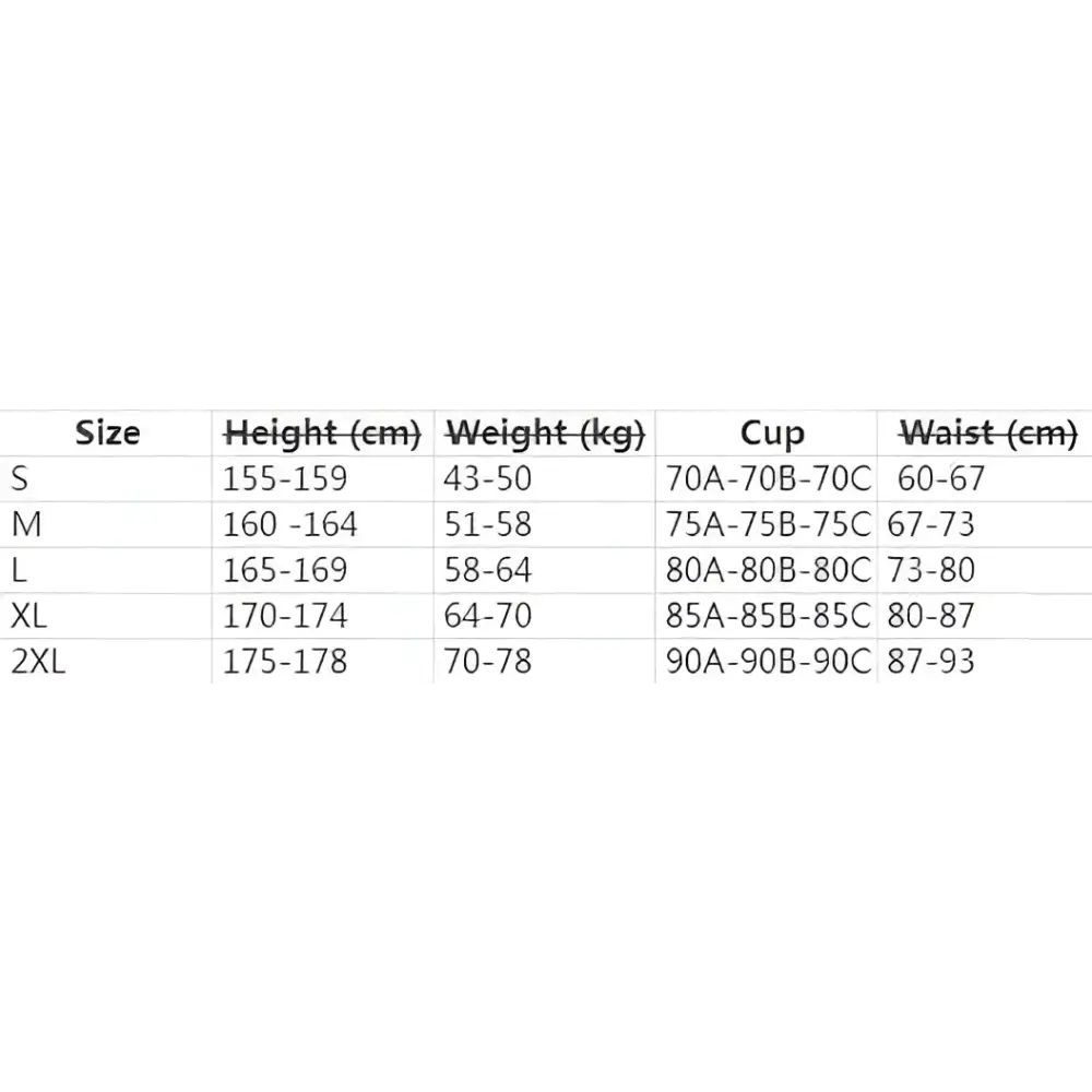 The sizing chart for black color block piece swimwear women bikini shows height weight cup and waist measurements