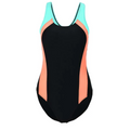 Black color block one piece swimwear women bikini with coral and teal panels designed for stylish beachwear