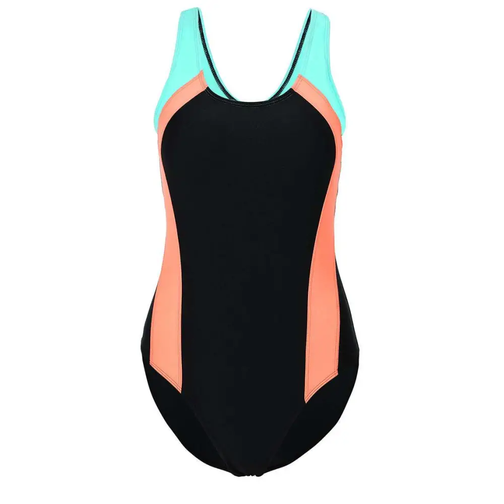 Black color block one piece swimwear women bikini with coral and teal panels designed for stylish beachwear