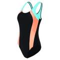 A sleek black color block one piece swimwear women bikini with coral and mint green accent panels on sides and straps