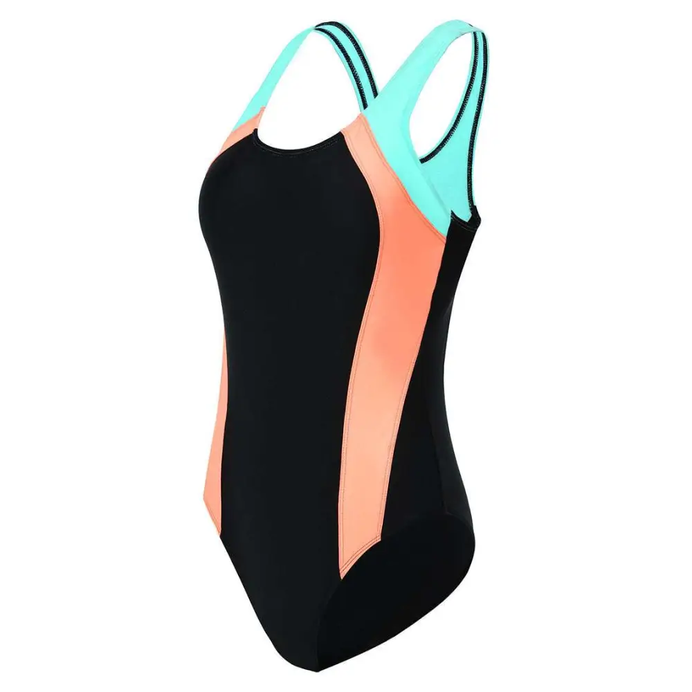 A sleek black color block one piece swimwear women bikini with coral and mint green accent panels on sides and straps