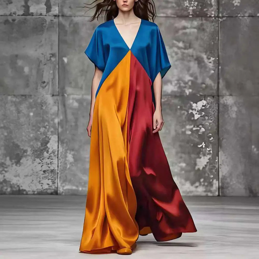 A flowing color block maxi dress with round neck loose fit and loose short sleeves in vibrant blue orange and red silk-like fabric